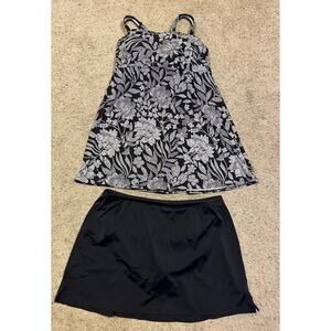 LANDS END 20W Plus Tankini Top Black White Floral & SWIM SKIRT *HARDLY WORN* A24